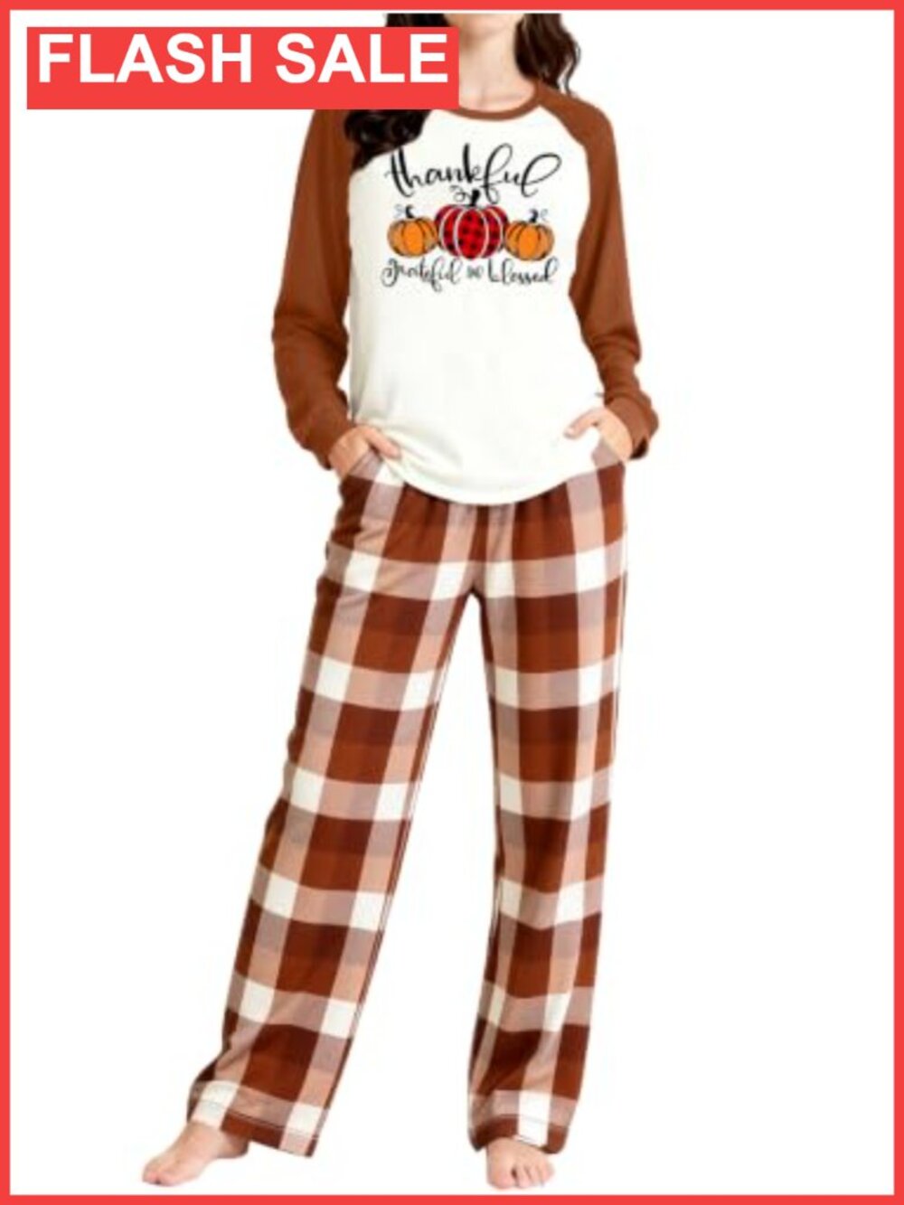 Women's Thanksgiving 2 Pc Set Raglan Long Sleeve Top & Plaid Pants